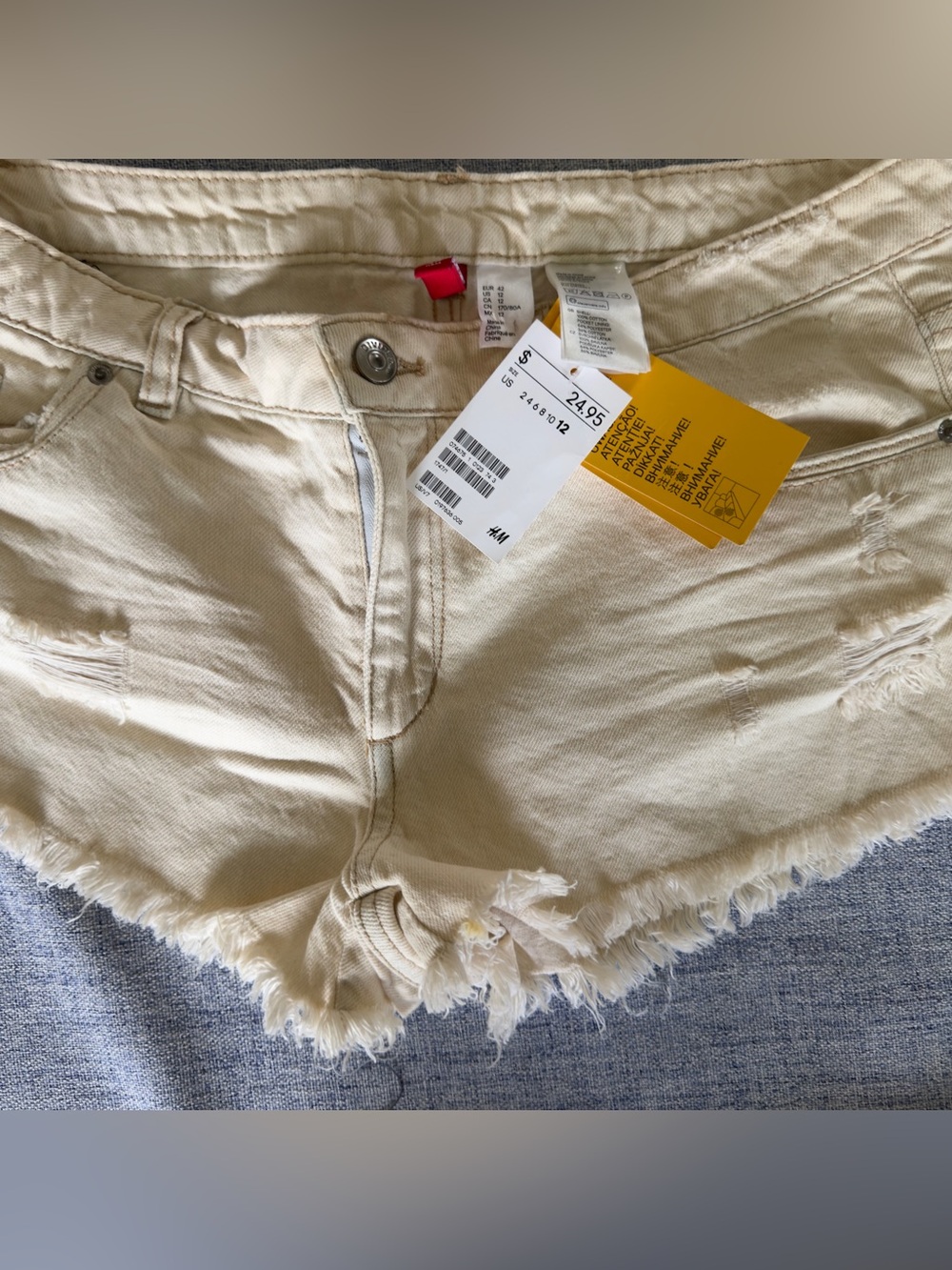 H&M Cream Distressed Denim Cutoff Shorts